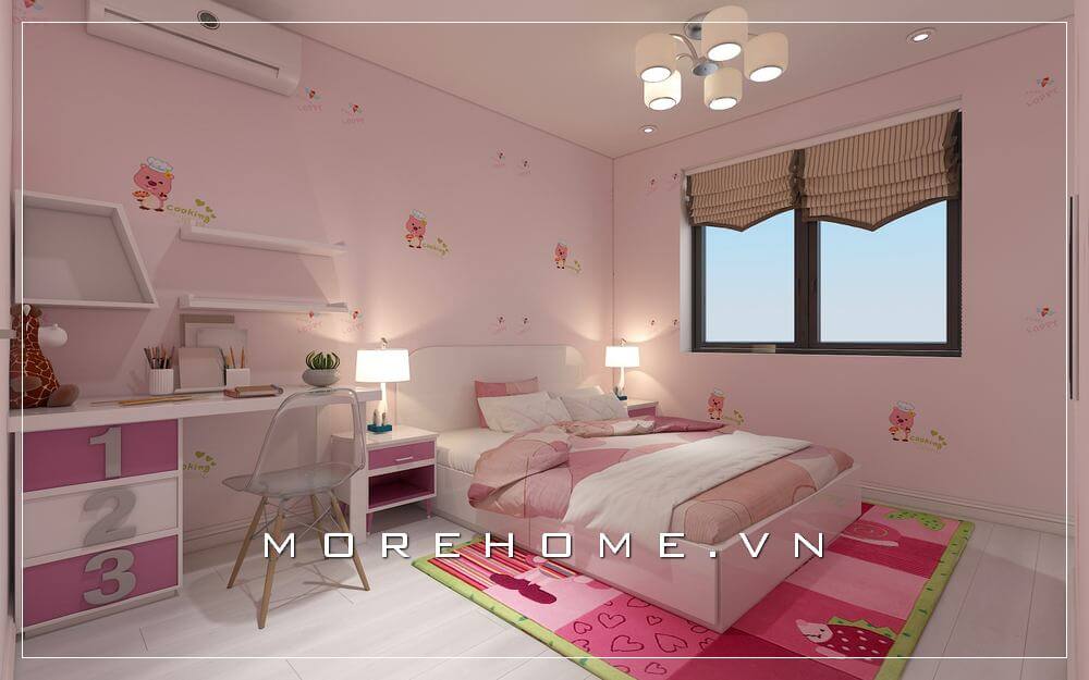 Sắp xếp nội thất phòng ngủ hiện đại, đáng yêu với mẫu giấy dán tường họa tiết màu hồng họa tiết độc đáo dành cho phòng của bé gái